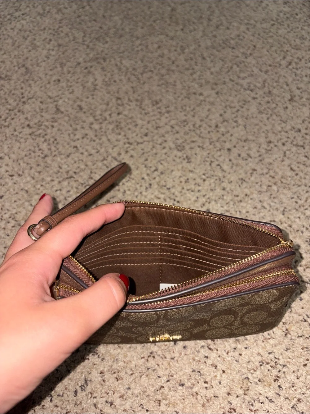 Coach Brown Signature Canvas Wristlet with Gold Hardware